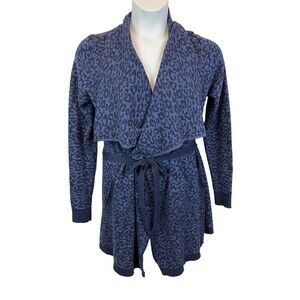Dalia Sweater  Women's L  Belted Draping Cardigan w Pockets  Blue Animal Print
